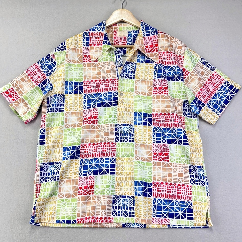 VTG 60s Camp Shirt Mens Medium Di Fini Tiki Patchwork Short Sleeve Hawaiian USA